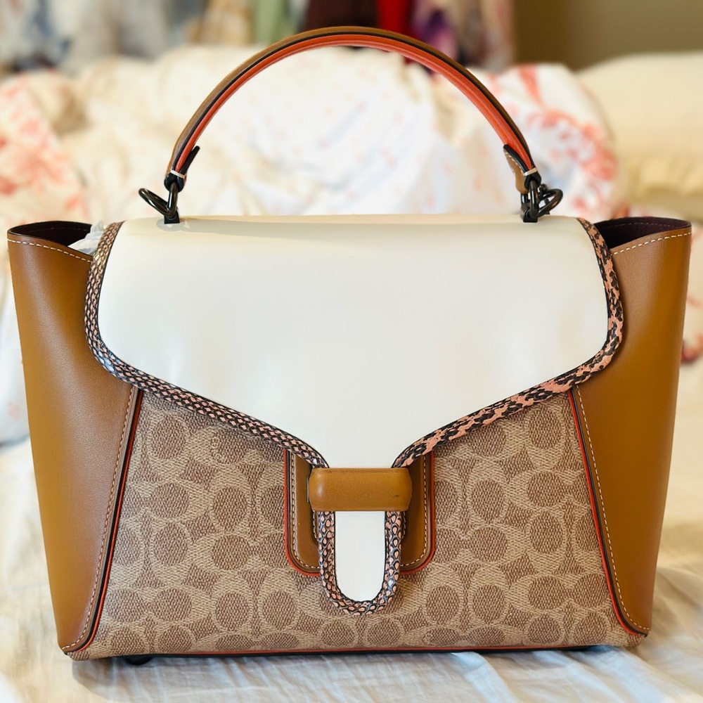 Elegant Brown and White Designer Handbag